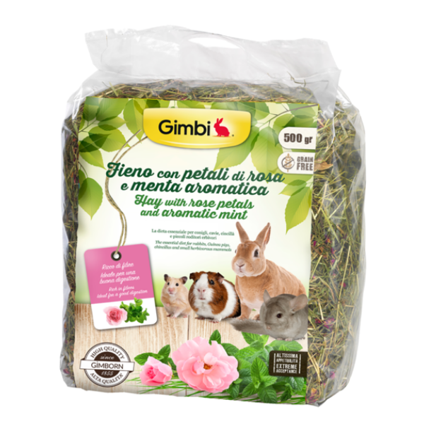 Image of Gimbi Fieno Ricco di Fibre 500 gr - Fieno con Petali di Rosa e Menta Aromatica