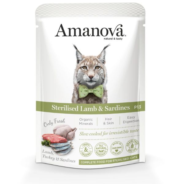 Image of Amanova Cat Umido Sterilised Grain Free 85 gr - Agnello e Sardine Confezione da 12 pezzi Cibo umido per gatti