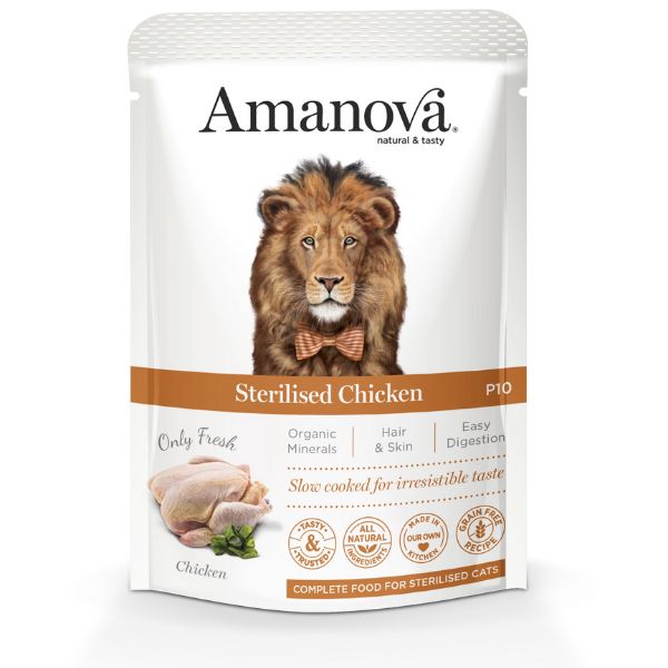 Image of Amanova Cat Umido Sterilised Grain Free 85 gr - Pollo Fresco Confezione da 12 pezzi Cibo umido per gatti