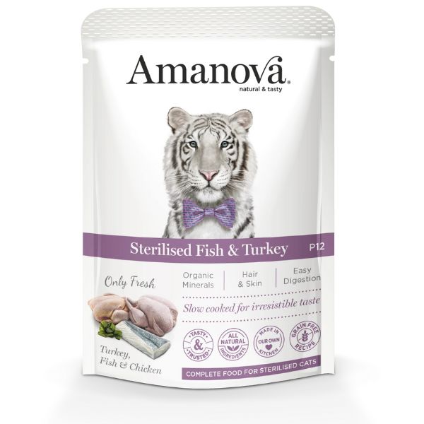 Image of Amanova Cat Umido Sterilised Grain Free 85 gr - Tacchino e Pesce Confezione da 12 pezzi Cibo umido per gatti