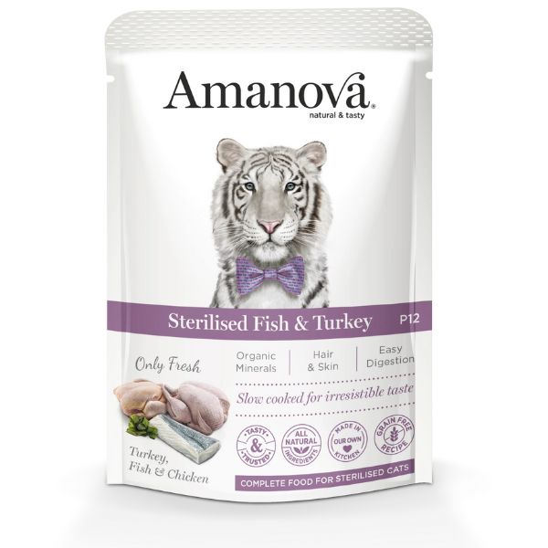 Amanova Cat Umido Sterilised Grain Free 85 gr - Tacchino e Pesce Confezione da 12 pezzi
