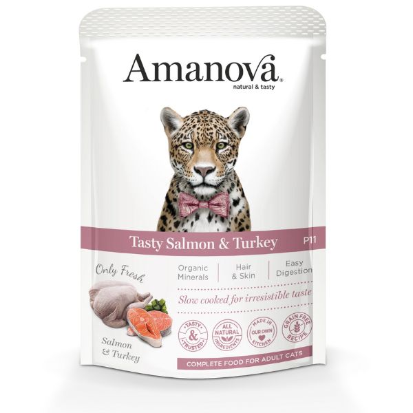 Image of Amanova Cat Umido Sterilised Grain Free 85 gr - Salmone e Tacchino Confezione da 12 pezzi Cibo umido per gatti