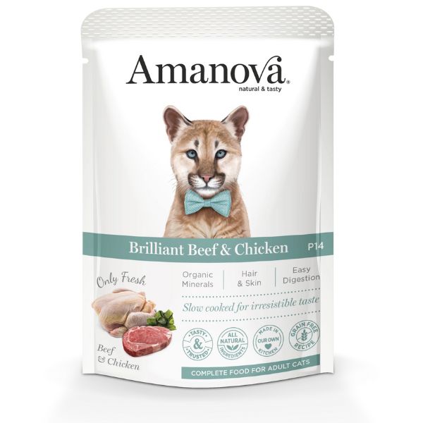 Image of Amanova Adult Cat Umido Grain Free 85 gr - Vitello e Pollo Confezione da 12 pezzi Cibo umido per gatti