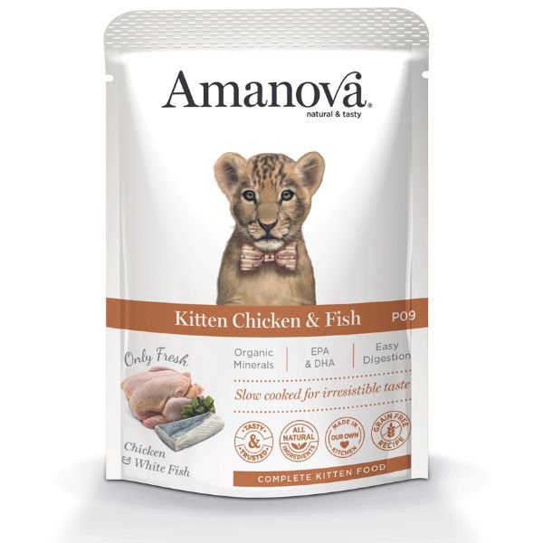 Image of Amanova Kitten Umido Grain Free 85 gr - Pollo e Pesce Fresco Confezione da 12 pezzi Cibo umido per gatti