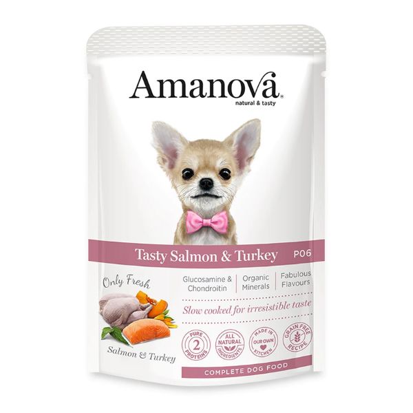 Image of Amanova Dog Adult Umido Grain Free 100 gr - Salmone Fresco e Tacchino Confezione da 12 pezzi Cibo Umido per Cani