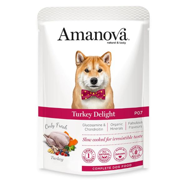 Image of Amanova Dog Adult Umido Grain Free 100 gr - Tacchino Fresco-Delight Confezione da 12 pezzi Cibo Umido per Cani