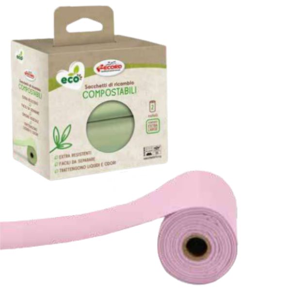 Image of Sacchetti igienici Green compostabili Record - 2 rotoli Rosa (30 sacchetti)