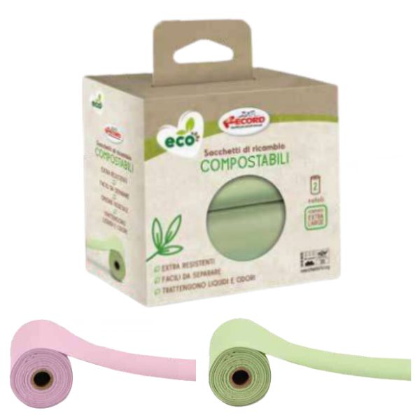 Image of Sacchetti igienici Green compostabili Record: 2 rotoli Verdi (30 sacchetti)