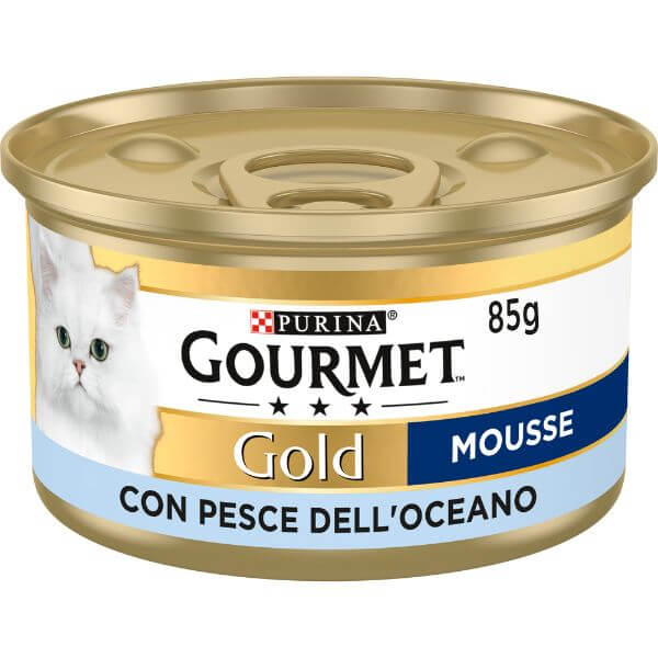 Image of Purina Gourmet Gold Mousse Umido Gatto 85 gr - Pesce dell'Oceano Confezione da 24 pezzi Cibo umido per gatti