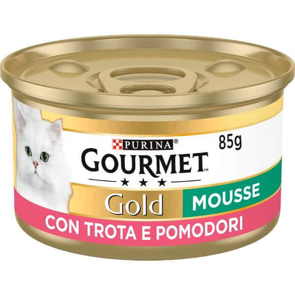 Image of Purina Gourmet Gold Mousse Umido Gatto con Verdure 85 gr - Trota e Pomodori Confezione da 24 pezzi Cibo umido per gatti