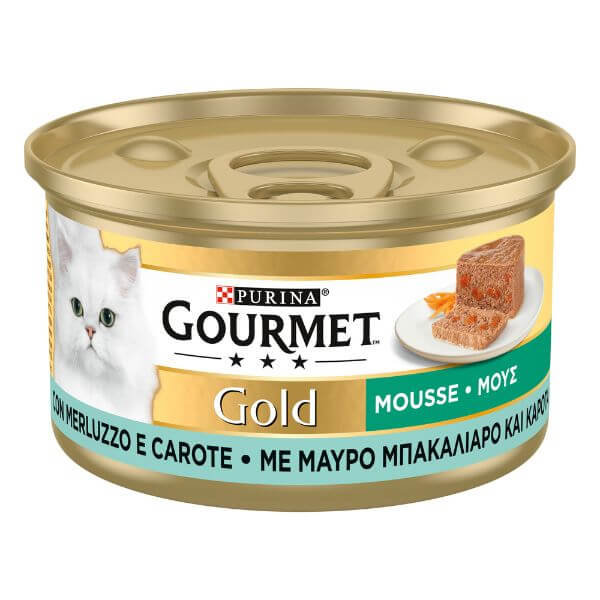 Image of Purina Gourmet Gold Mousse Umido Gatto con Verdure 85 gr - Merluzzo e Carote Confezione da 24 pezzi Cibo umido per gatti