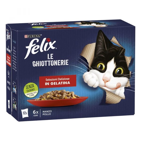 Image of Purina Felix le Ghiottonerie Selezioni Deliziose in Gelatina Multipack - 12 bustine: 6x Manzo - 6x Pollo Cibo umido per gatti