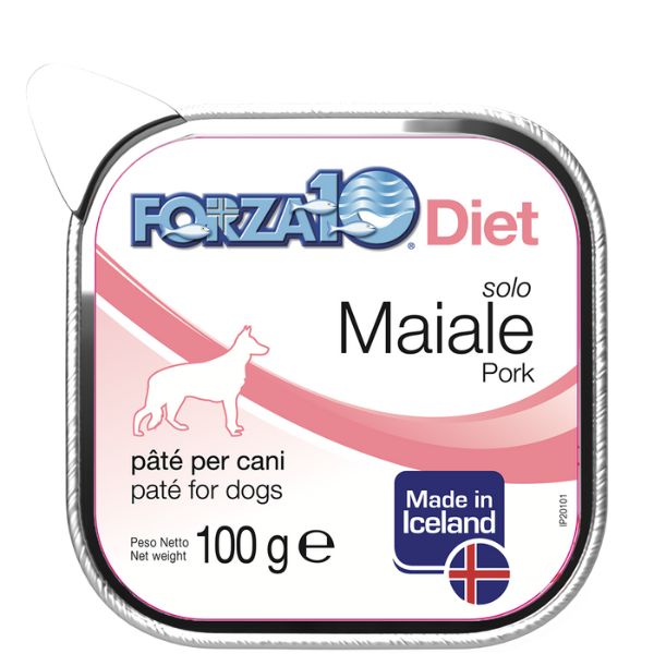 Image of Forza10 Diet Solo patè monoproteico per cani 100 gr - Maiale dall'Islanda Confezione da 6 pezzi Cibo Umido per Cani
