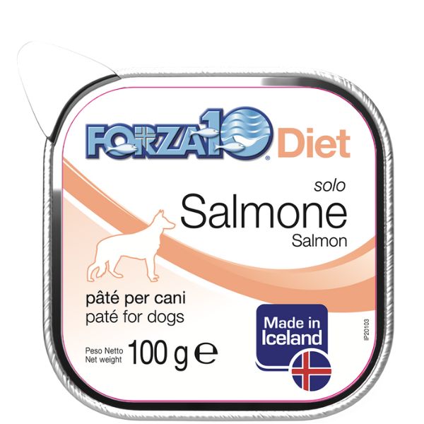 Image of Forza10 Diet Solo patè monoproteico per cani 100 gr - Salmone dall'Islanda Confezione da 6 pezzi Cibo Umido per Cani