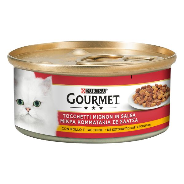 Image of Gourmet Tocchetti Mignon in Salsa 195 gr - Pollo e Tacchino Confezione da 6 pezzi Cibo umido per gatti