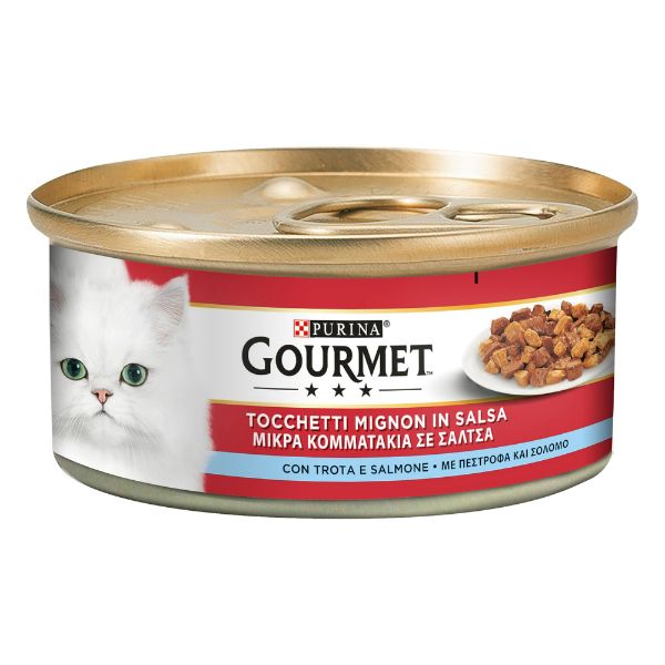 Image of Gourmet Tocchetti Mignon in Salsa 195 gr - Salmone e Trota Confezione da 6 pezzi Cibo umido per gatti