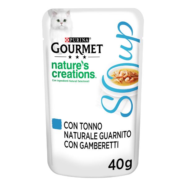 Image of Purina Gourmet Nature's Creations Soup Umido gatto 40 gr - Tonno e Gamberetti Confezione da 32 pezzi Cibo umido per gatti