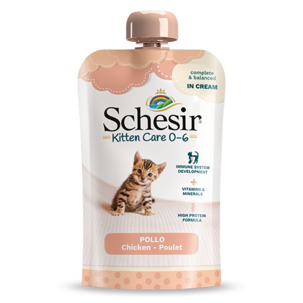 Image of Schesir umido per gatti Kitten Care Crema in busta 150 gr - Pollo Confezione da 6 pezzi Cibo umido per gatti