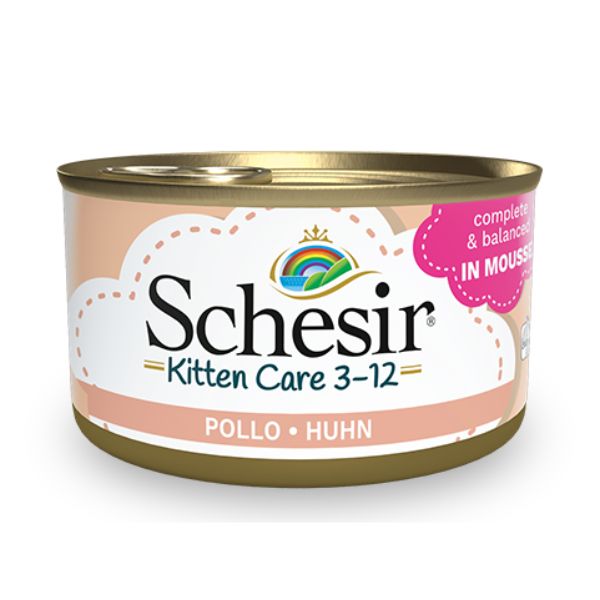 Image of Schesir umido per gatti Kitten Care Mousse lattina 85 gr - Pollo Confezione da 6 pezzi Cibo umido per gatti