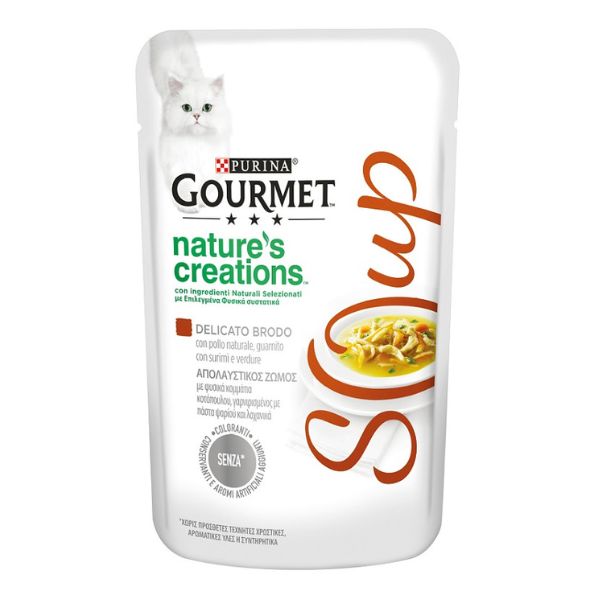 Image of Purina Gourmet Nature's Creations Soup Umido gatto 40 gr - Pollo e Surimi Confezione da 32 pezzi Cibo umido per gatti