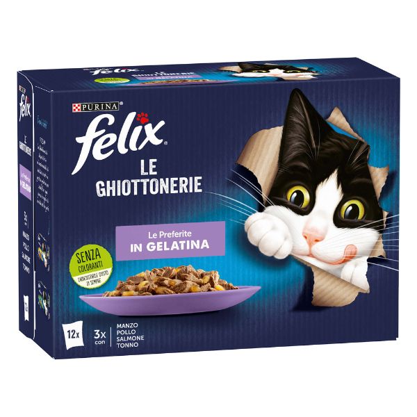 Image of Purina Felix le Ghiottonerie Le Preferite in Gelatina Multipack - 12 bustine: 3x Manzo - 3x Pollo - 3x Salmone - 3x Tonno Cibo umido per gatti