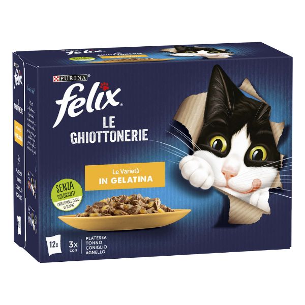 Image of Purina Felix le Ghiottonerie Le Varietà in Gelatina Multipack - 12 bustine: 3x Platessa - 3x Tonno - 3x Coniglio - 3x Agnello Cibo umido per gatti