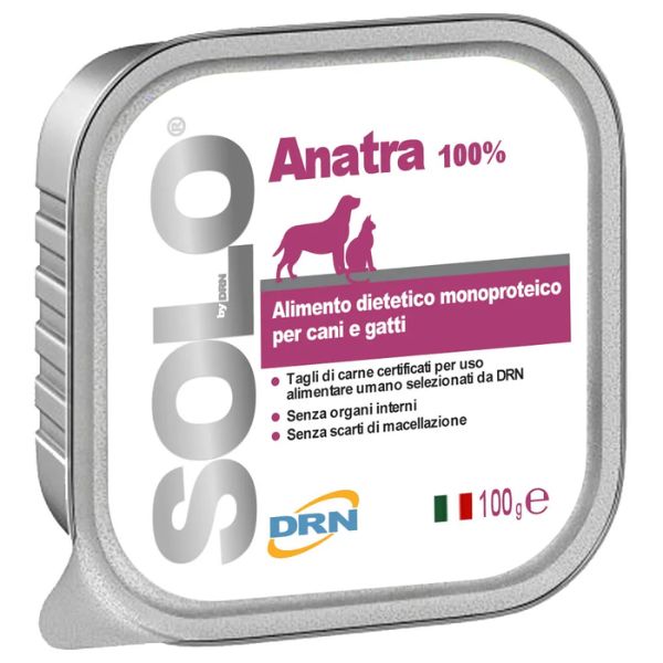 Image of DRN Solo alimento monoproteico cane e gatto 100 gr - Anatra Confezione da 6 pezzi Cibo Umido per Cani