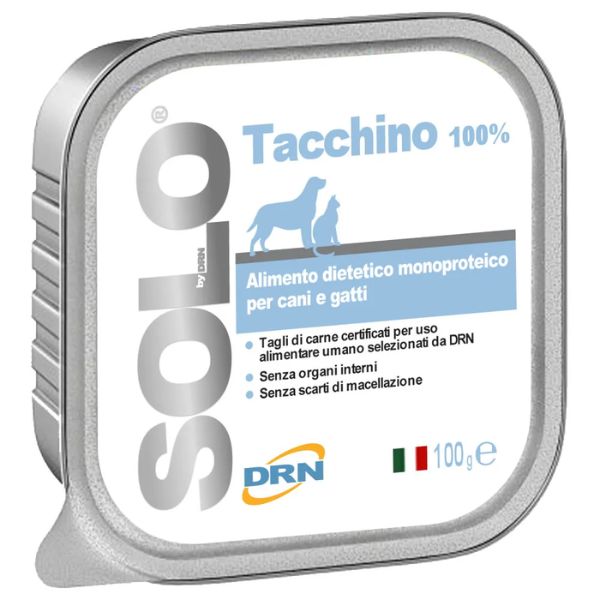Image of DRN Solo alimento monoproteico cane e gatto 100 gr - Tacchino Confezione da 6 pezzi Cibo Umido per Cani