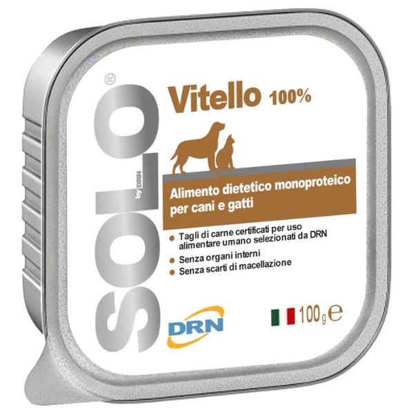 Image of DRN Solo alimento monoproteico cane e gatto 100 gr - Vitello Confezione da 6 pezzi Cibo Umido per Cani