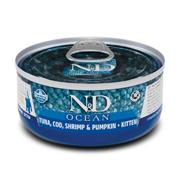 Farmina N&D Ocean Feline Umido 70 gr - KITTEN Merluzzo, Gamberetti, Tonno e Zucca Confezione da 30 pezzi - Cibo umido per gatti - SPEDIZIONE GRATIS 1° ORDINE + scegli lo sconto BZR5 / BZR20