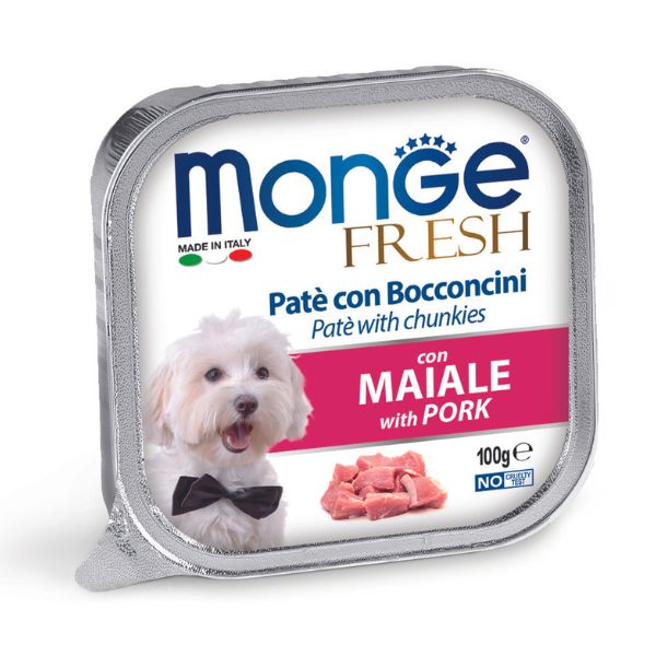 Image of Monge Fresh Adult Patè con bocconcini 100 gr - Bocconcini con Maiale Confezione da 32 pezzi Cibo Umido per Cani