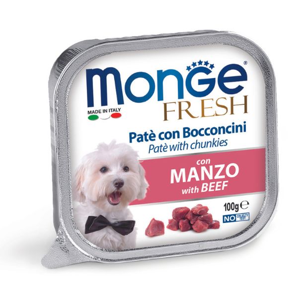 Image of Monge Fresh Adult Patè con bocconcini 100 gr - Bocconcini con Manzo Confezione da 32 pezzi Cibo Umido per Cani