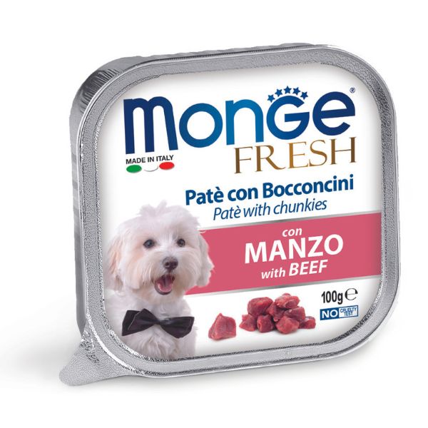 Monge Fresh Adult Patè con bocconcini 100 gr - Bocconcini con Manzo Confezione da 32 pezzi