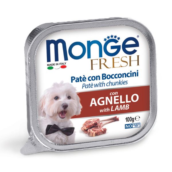 Image of Monge Fresh Adult Patè con bocconcini 100 gr - Bocconcini con Agnello Confezione da 32 pezzi Cibo Umido per Cani