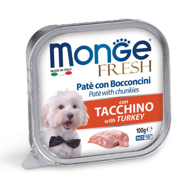 Image of Monge Fresh Adult Patè con bocconcini 100 gr - Bocconcini con Tacchino Confezione da 32 pezzi Cibo Umido per Cani