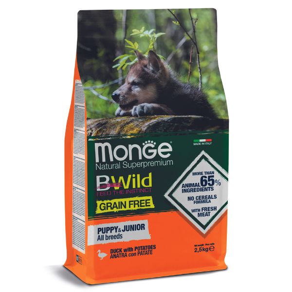 Monge BWild Grain Free Puppy/Junior con Anatra e Patate - 2,5 kg