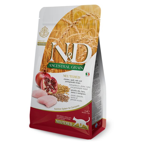 Farmina N&D Ancestral Grain Feline Neutered Pollo e Melograno - 1,5 kg - Croccantini per gatti - SPEDIZIONE GRATIS 1° ORDINE + scegli lo sconto BZR5 / BZR20