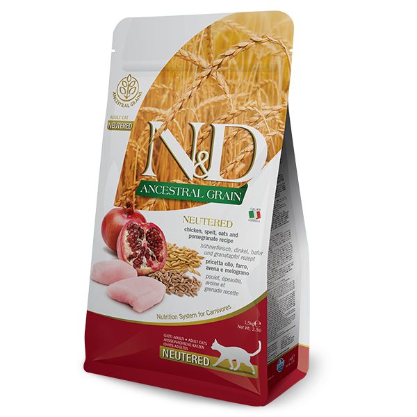 Farmina N&D Ancestral Grain Feline Neutered Pollo e Melograno - 5 kg - Croccantini per gatti - SPEDIZIONE GRATIS 1° ORDINE + scegli lo sconto BZR5 / BZR20