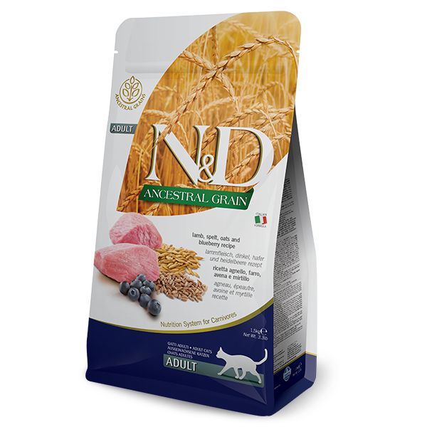 Image of Farmina N&D Ancestral Grain Feline Adult Agnello e Mirtillo - 1,5 kg Croccantini per gatti