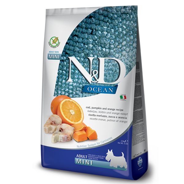 Farmina N&D Ocean Canine Adult Mini Merluzzo Zucca e Arancia - 7 kg - Crocchette Monoproteiche Cane - SPEDIZIONE GRATIS 1° ORDINE + scegli lo sconto BZR5 / BZR20