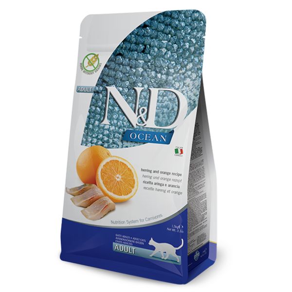 Farmina N&D Ocean Feline Adult Aringa e Arancia - 1,5 kg - Croccantini per gatti - 1° ORDINE? scegli lo sconto BZR5 / BZR20 + 200 punti fedeltà