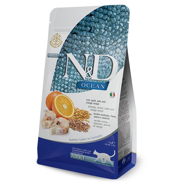 Farmina N&D Ocean Feline Adult Merluzzo Farro e Arancia - 300 gr - Croccantini per gatti - SPEDIZIONE GRATIS 1° ORDINE + scegli lo sconto BZR5 / BZR20