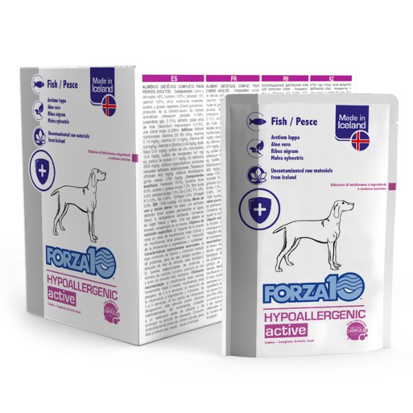 Image of Forza10 Hypoallergenic Active Cane al Pesce - 100 gr Confezione da 12 pezzi Cibo Umido per Cani