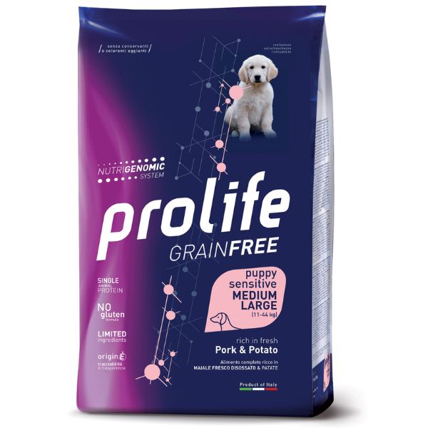 Image of Prolife Grain Free Puppy Sensitive Medium/Large Maiale e patate - 10 Kg Croccantini per cani
