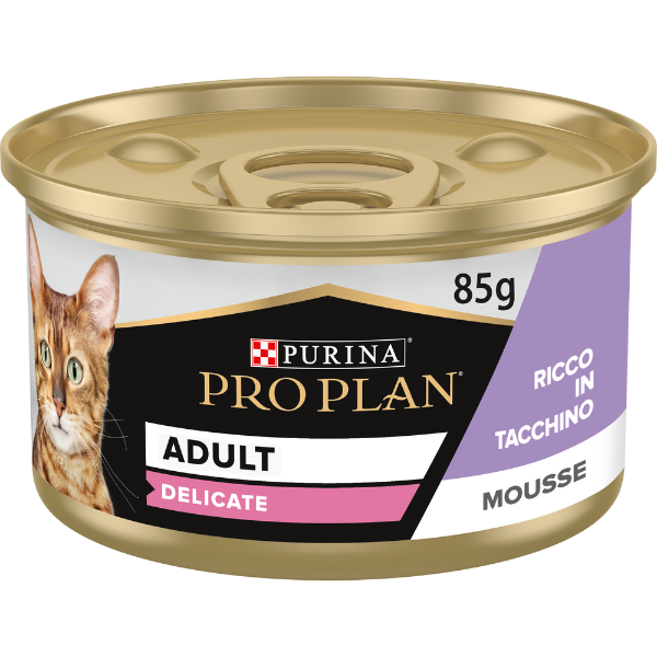 Image of Purina Pro Plan Adult Delicate Umido Gatti Mousse Tacchino 85 g - 85 gr - Confezione da 24 pezzi - Cibo umido per gatti - 1° ORDINE? scegli lo sconto BZR5 / BZR20 + 200 punti fedeltà010