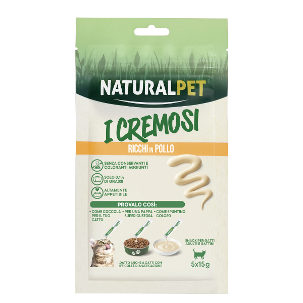 NaturalPet i Cremosi snack per gatti adulti e gattini 75 gr (5x15 gr) - Pollo - 1° ORDINE? scegli lo sconto BZR5 / BZR20 + 200 punti fedeltà