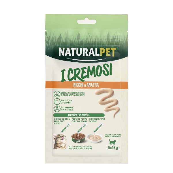 NaturalPet i Cremosi snack per gatti adulti e gattini 75 gr (5x15 gr) - Anatra - 1° ORDINE? scegli lo sconto BZR5 / BZR20 + 200 punti fedeltà