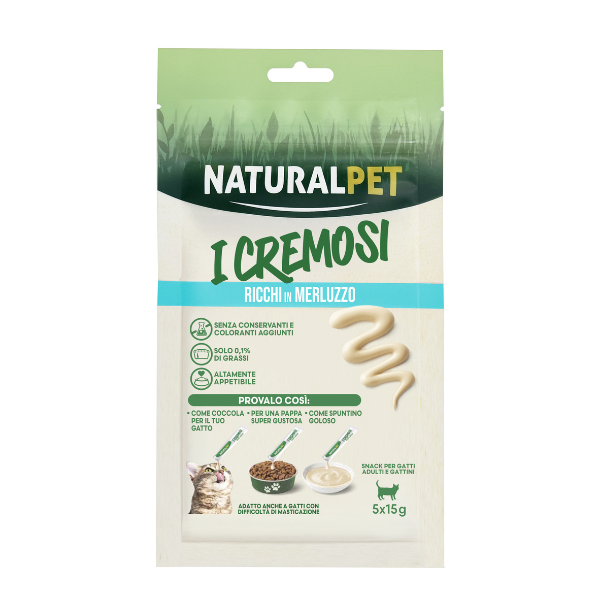 NaturalPet i Cremosi snack per gatti adulti e gattini 75 gr (5x15 gr) - Merluzzo - 1° ORDINE? scegli lo sconto BZR5 / BZR20 + 200 punti fedeltà