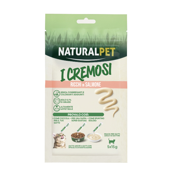 NaturalPet i Cremosi snack per gatti adulti e gattini 75 gr (5x15 gr) - Salmone - 1° ORDINE? scegli lo sconto BZR5 / BZR20 + 200 punti fedeltà