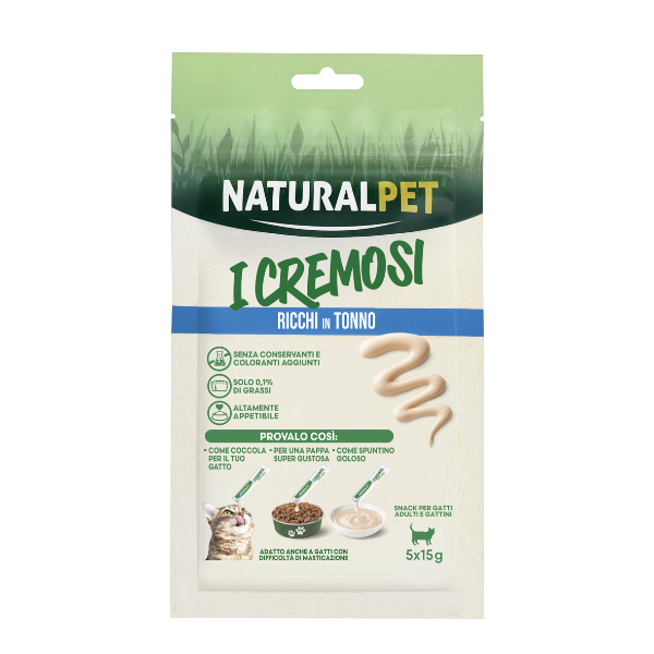 NaturalPet i Cremosi snack per gatti adulti e gattini 75 gr (5x15 gr) - Tonno - 1° ORDINE? scegli lo sconto BZR5 / BZR20 + 200 punti fedeltà